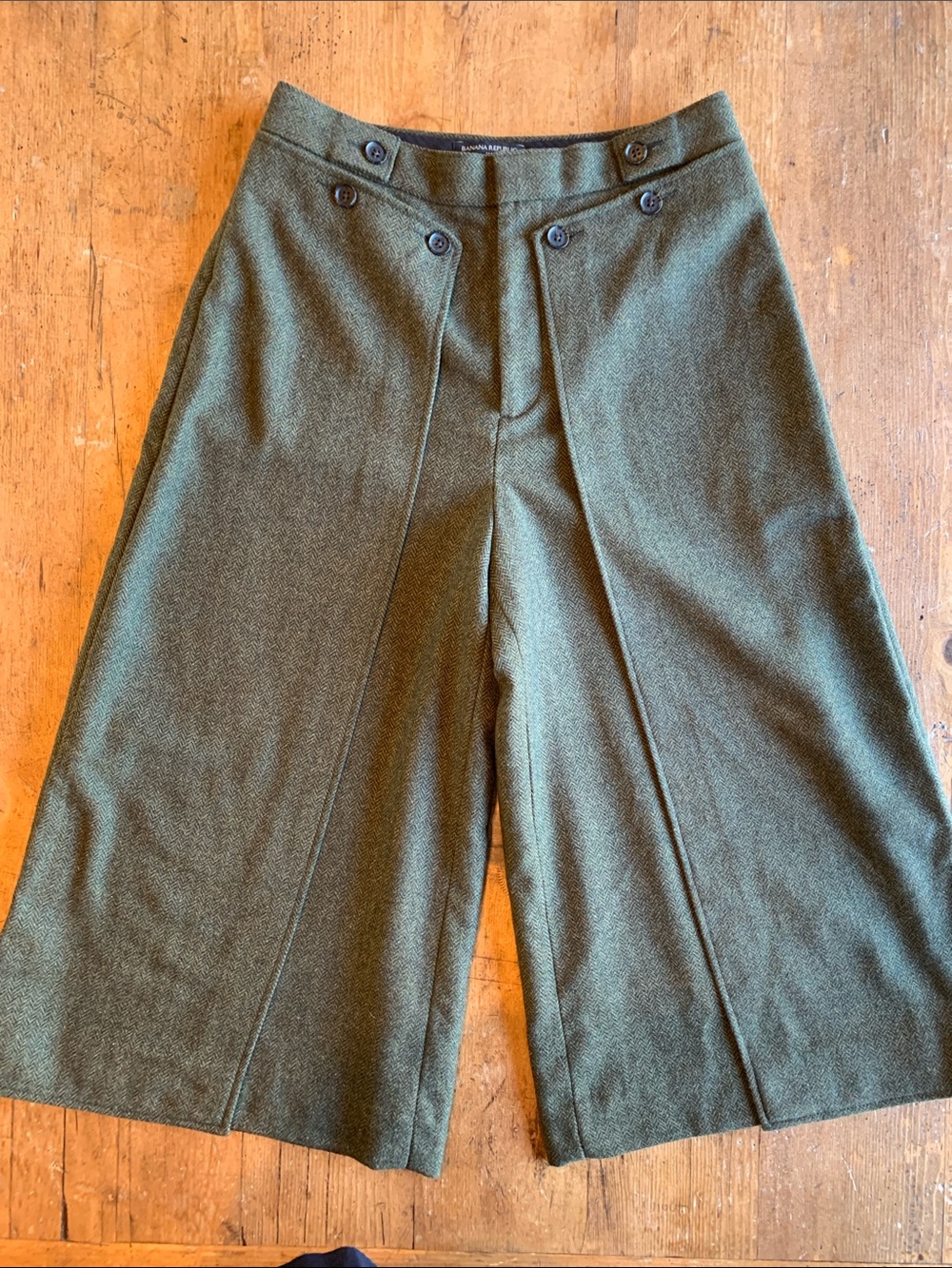 Tweed Wide Leg Olive Green High-Waist Trousers - Picture 4 of 16